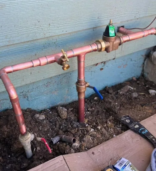 Copper water piping with a pressure regulator and shutoff valve