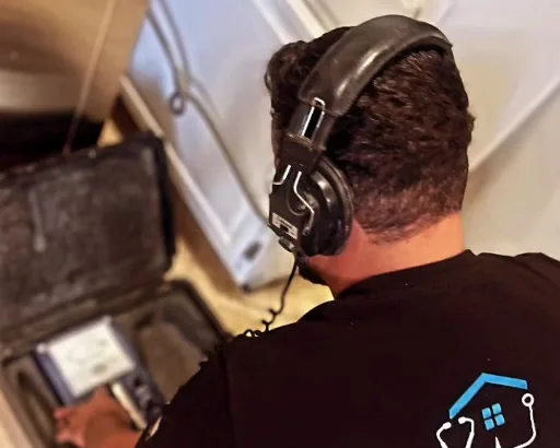 Drain Doctors technician using headphones and detection equipment in a kitchen