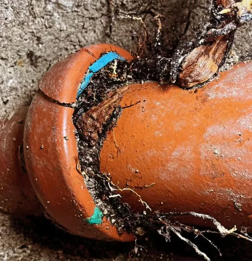 Roots surrounding a cracked clay sewer pipe in Drain Doctors’ project portfolio