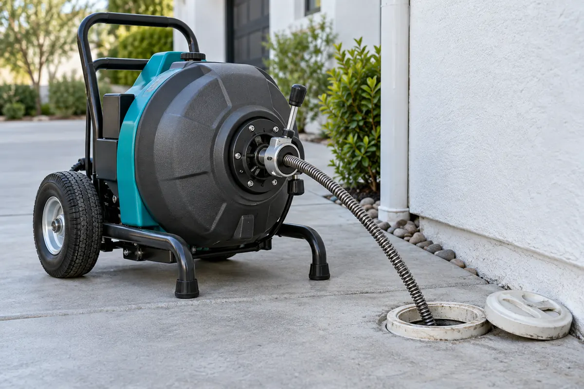 Drain cable machine positioned beside a sewer cleanout — AI-generated service visual
