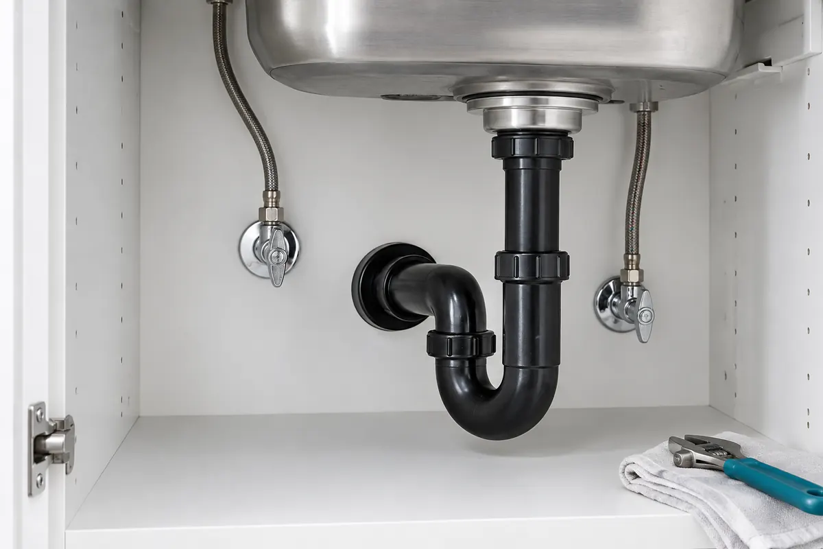 Under-sink trap, shutoff valves and water-supply connections — AI-generated service visual