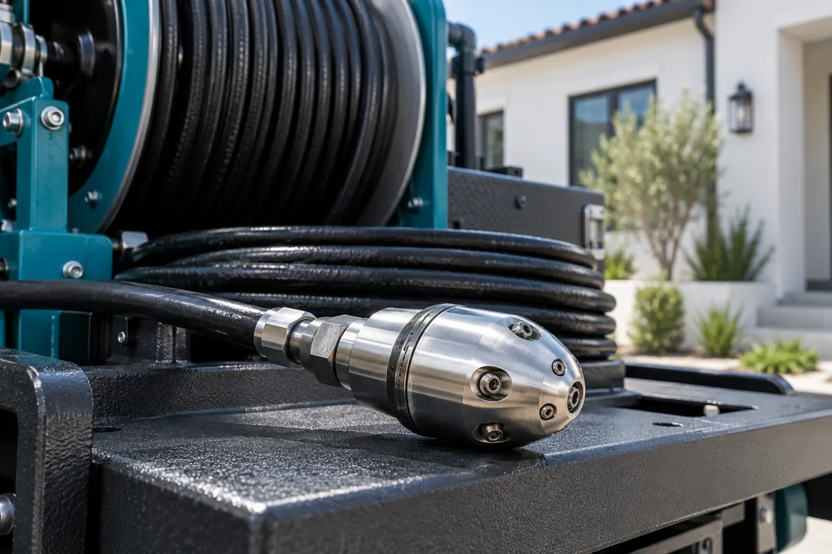 Hydro-jetting nozzle, high-pressure hose and reel — AI-generated service visual