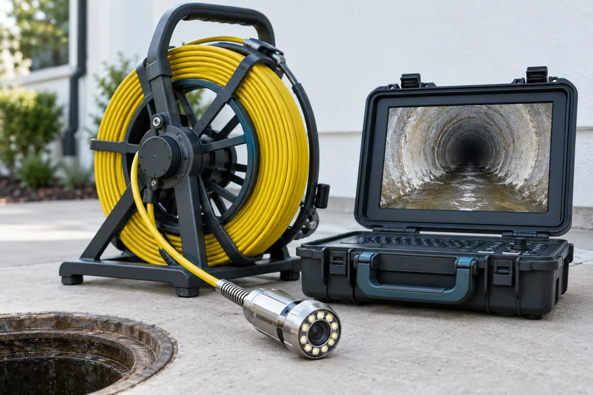 Sewer camera head, pushrod reel and inspection monitor — AI-generated service visual