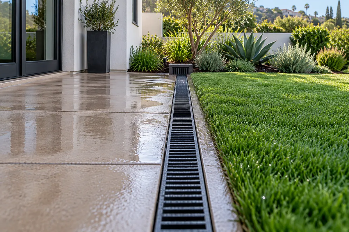 Channel drain between a residential patio and lawn — AI-generated service visual